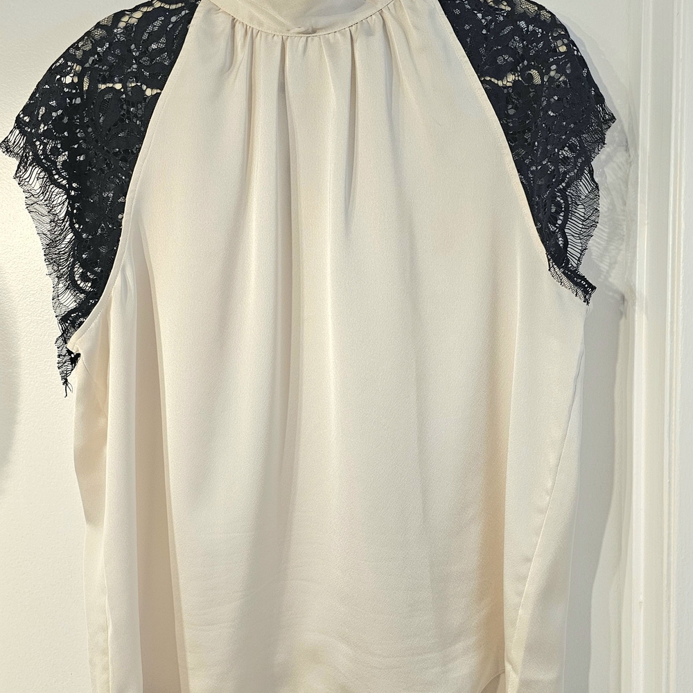 Ann Taylor Cream Blouse with Black Lace Shoulders